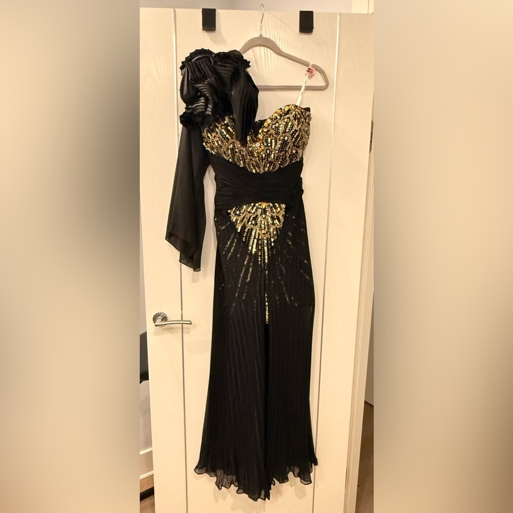 Women’s Custom Elegant Black and Gold Sequin Gown-Wedding Guest/Prom Size S